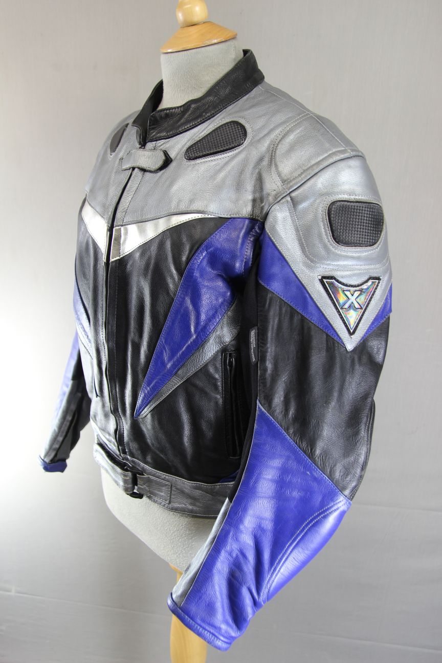 X-TREME BLACK, SILVER & BLUE LEATHER BIKER JACKET + ARMOUR/THERMAL LINING SIZE16