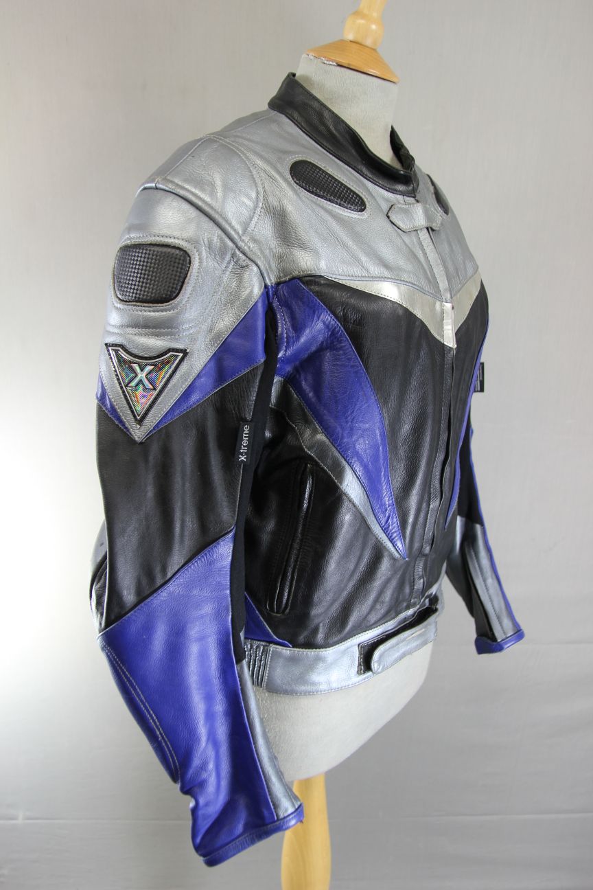 X-TREME BLACK, SILVER & BLUE LEATHER BIKER JACKET + ARMOUR/THERMAL LINING SIZE16