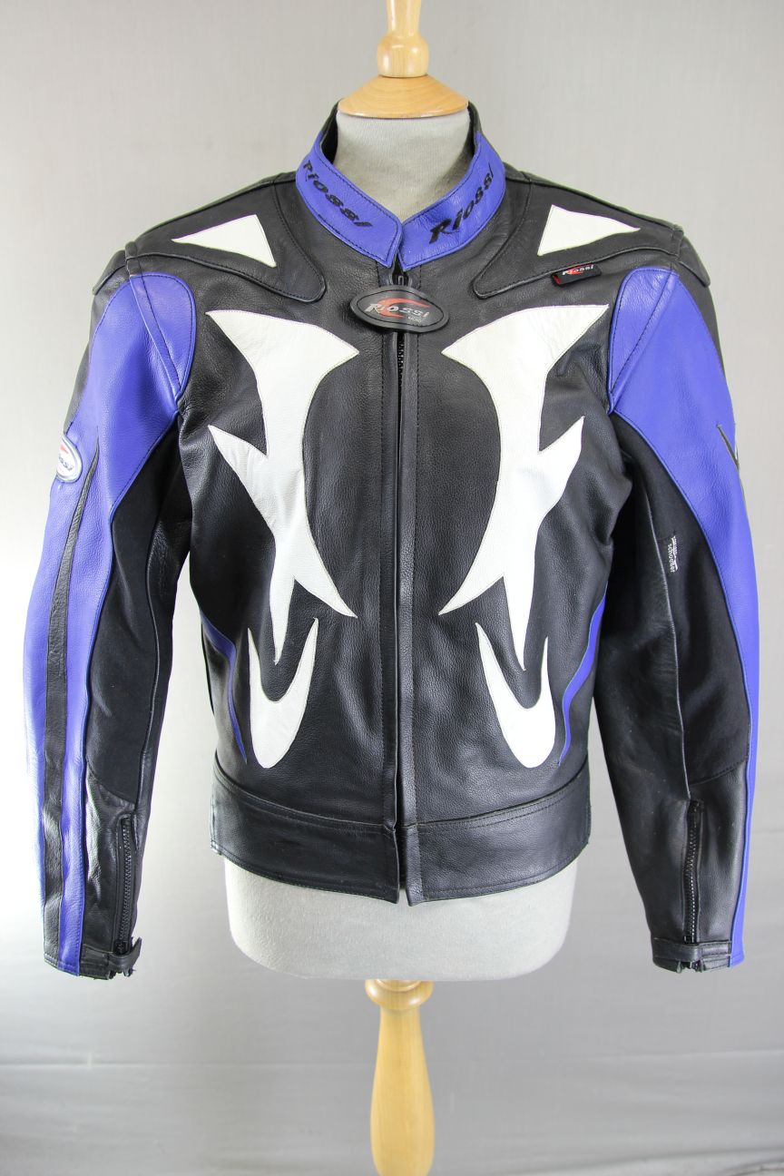RIOSSI RACING BLACK, WHITE & BLUE COWHIDE LEATHER BIKER JACKET + CE ARMOUR 40 IN