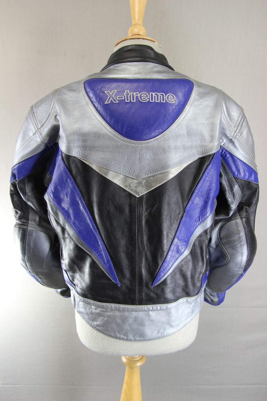 X-TREME BLACK, SILVER & BLUE LEATHER BIKER JACKET + ARMOUR/THERMAL LINING SIZE16