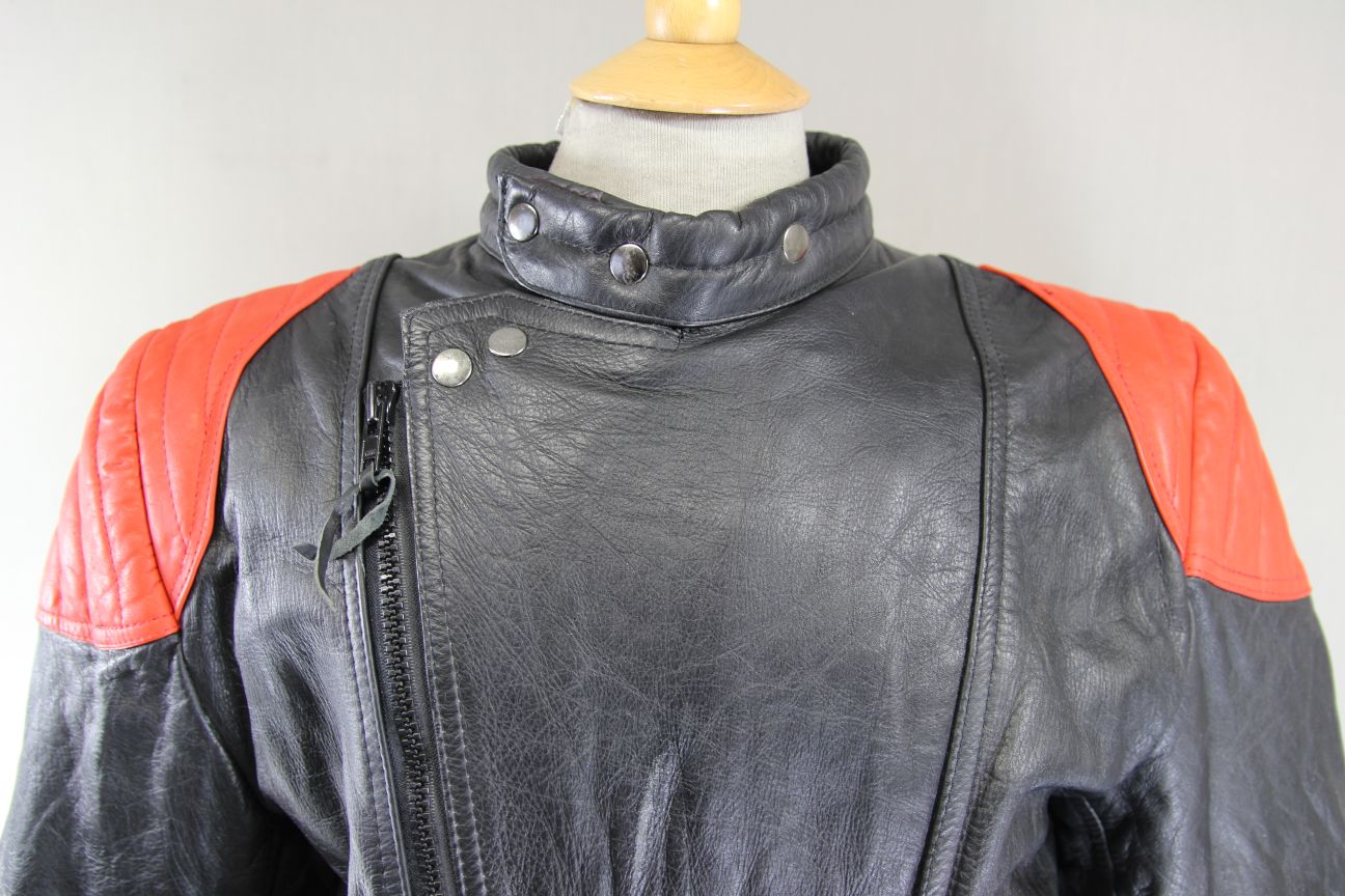 VINTAGE WADDINGTON CLASSIC BLACK & RED LEATHER BIKER JACKET 42 INCH CHEST