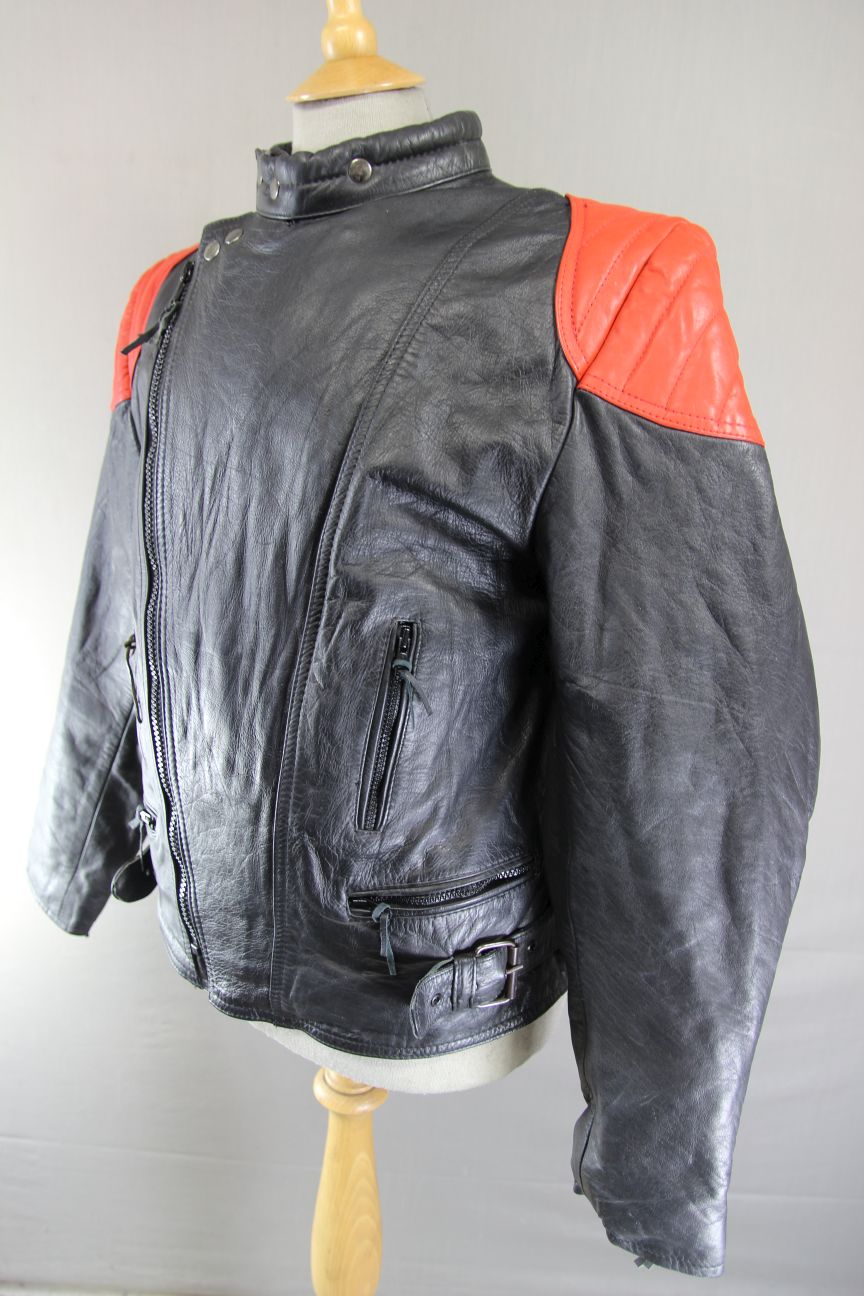 VINTAGE WADDINGTON CLASSIC BLACK & RED LEATHER BIKER JACKET 42 INCH CHEST