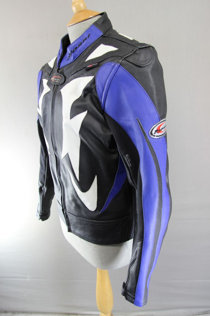 RIOSSI RACING BLACK, WHITE & BLUE COWHIDE LEATHER BIKER JACKET + CE ARMOUR 40 IN