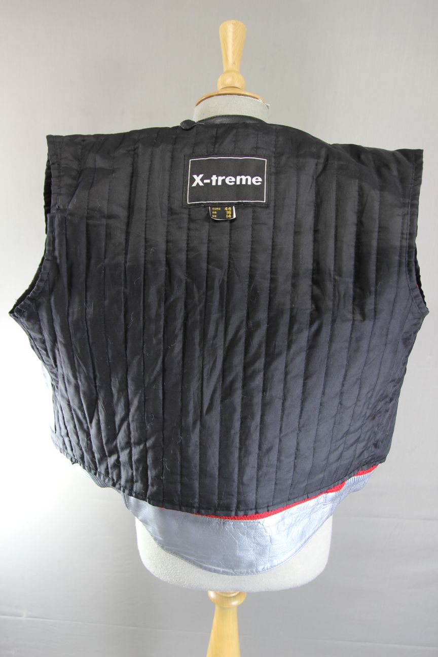 X-TREME BLACK, SILVER & BLUE LEATHER BIKER JACKET + ARMOUR/THERMAL LINING SIZE16