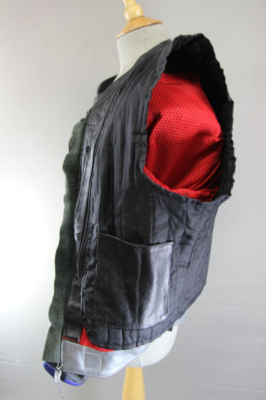 X-TREME BLACK, SILVER & BLUE LEATHER BIKER JACKET + ARMOUR/THERMAL LINING SIZE16