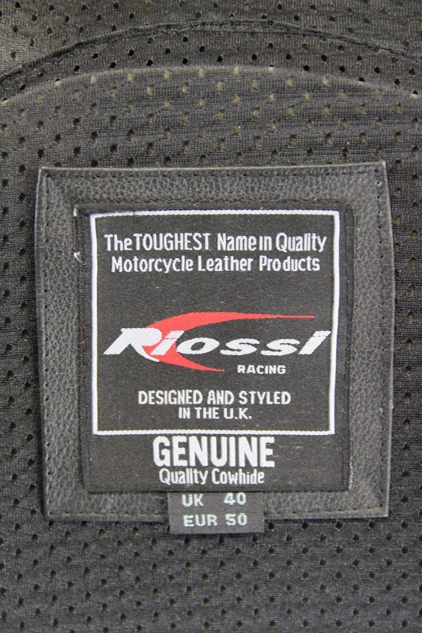 RIOSSI RACING BLACK, WHITE & BLUE COWHIDE LEATHER BIKER JACKET + CE ARMOUR 40 IN