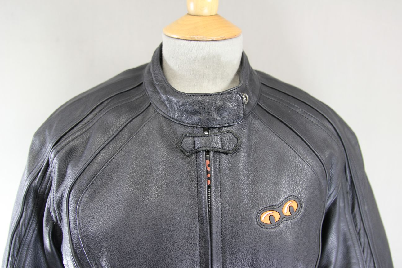 SPOOL BLACK LEATHER BIKER JACKET WITH CE ARMOUR & QUILTED THERMAL LINING SIZE 12