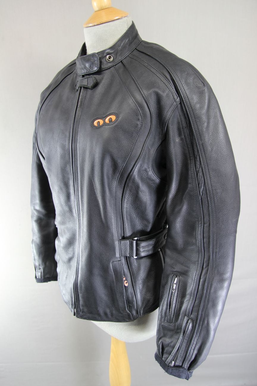 SPOOL BLACK LEATHER BIKER JACKET WITH CE ARMOUR & QUILTED THERMAL LINING SIZE 12