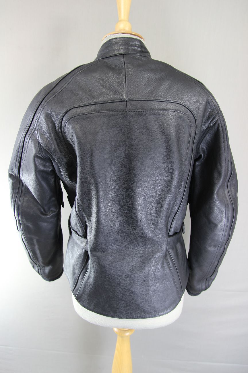 SPOOL BLACK LEATHER BIKER JACKET WITH CE ARMOUR & QUILTED THERMAL LINING SIZE 12
