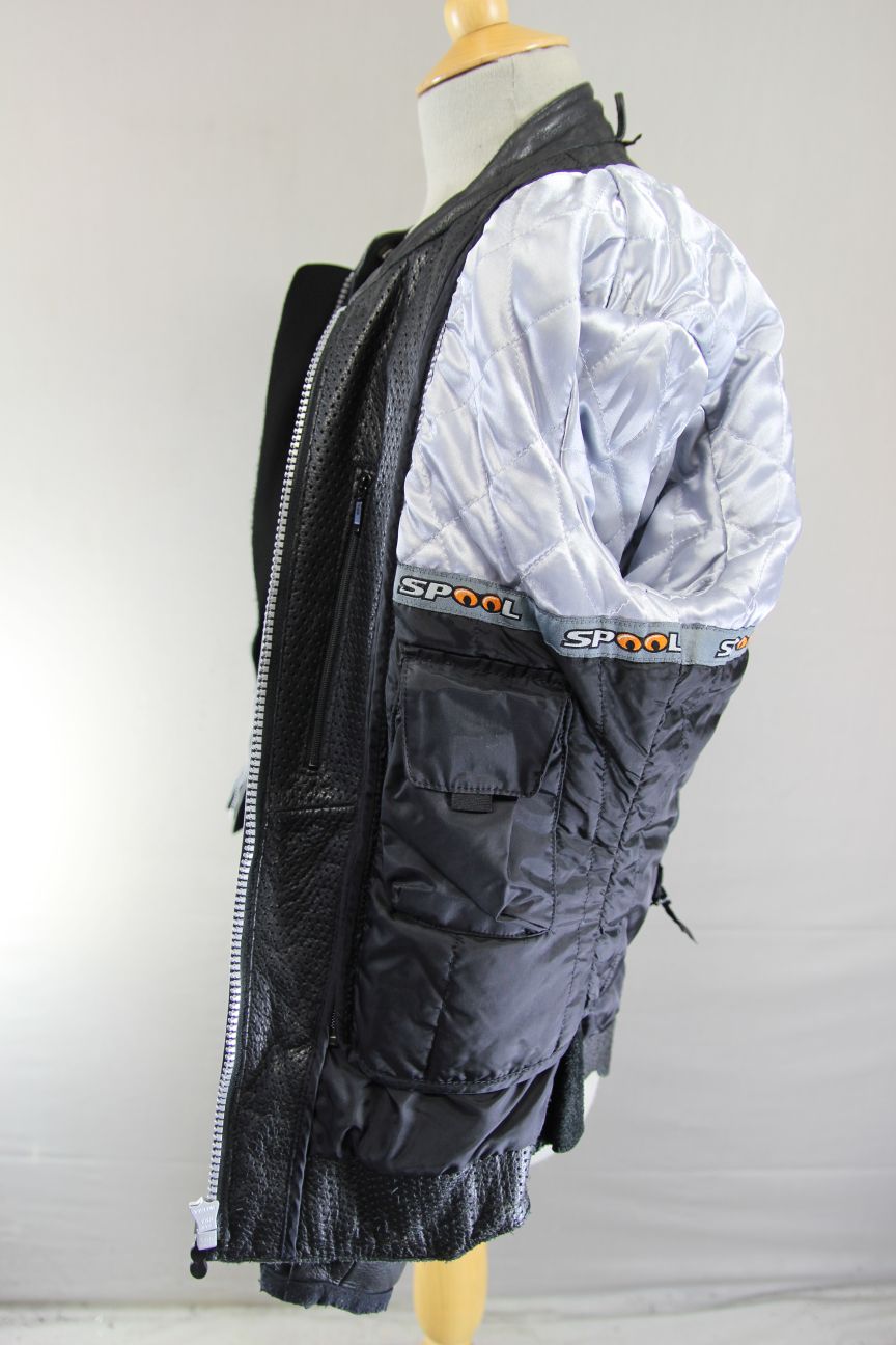 SPOOL BLACK LEATHER BIKER JACKET WITH CE ARMOUR & QUILTED THERMAL LINING SIZE 12