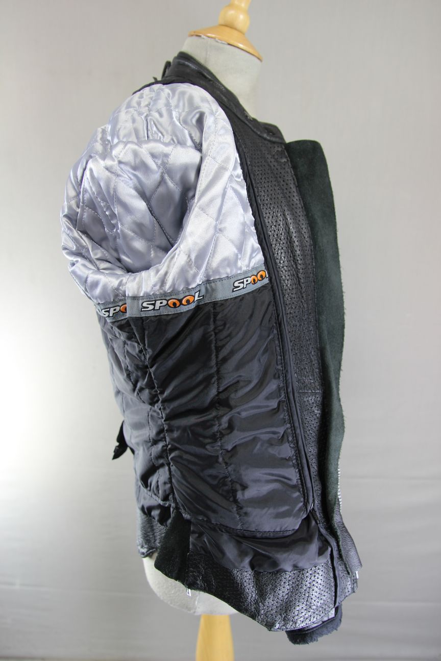 SPOOL BLACK LEATHER BIKER JACKET WITH CE ARMOUR & QUILTED THERMAL LINING SIZE 12
