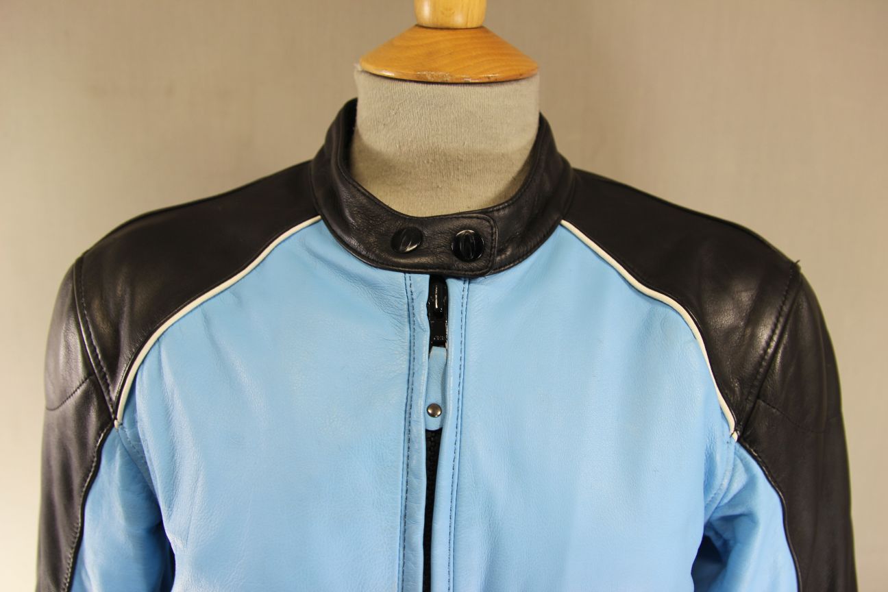 RICHA BLUE & BLACK LEATHER BIKER JACKET + BACK/SHOULDER/ELBOW CE ARMOUR: SIZE 12