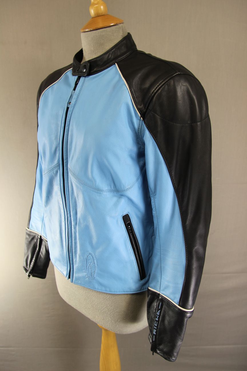 RICHA BLUE & BLACK LEATHER BIKER JACKET + BACK/SHOULDER/ELBOW CE ARMOUR: SIZE 12