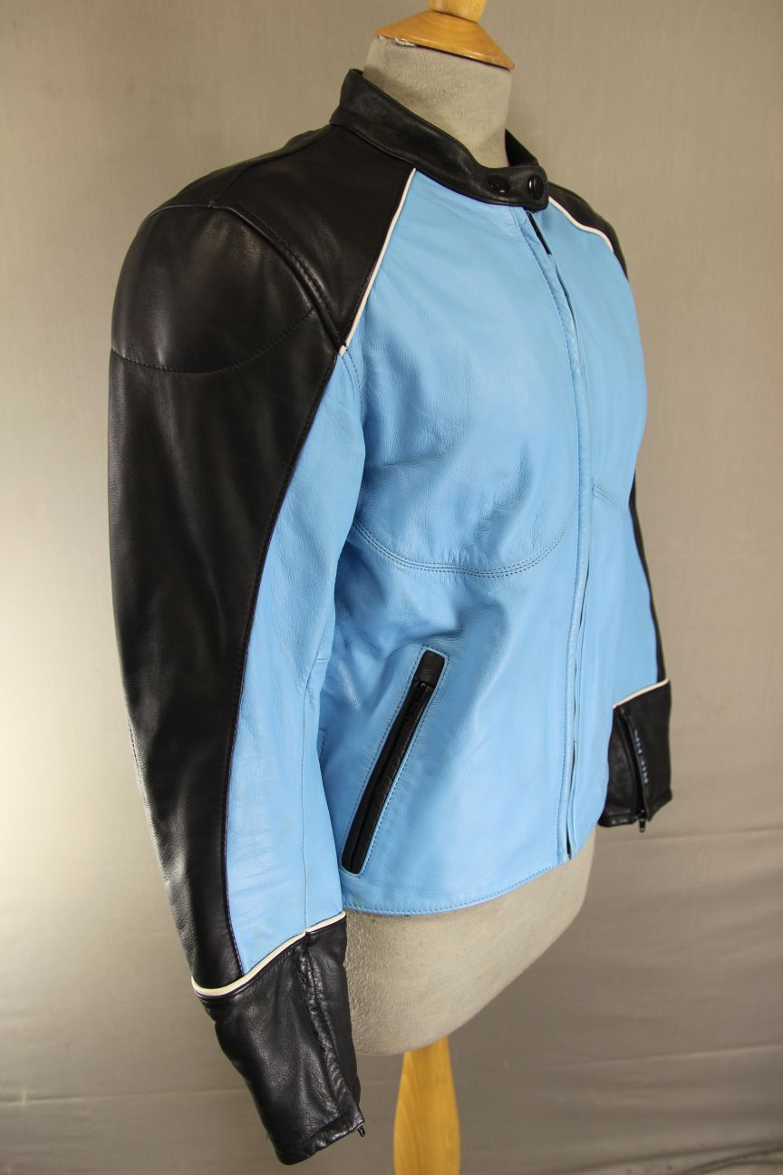 RICHA BLUE & BLACK LEATHER BIKER JACKET + BACK/SHOULDER/ELBOW CE ARMOUR: SIZE 12