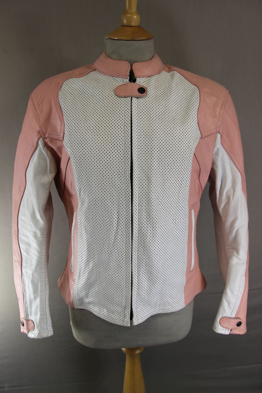 LADIES WHITE & PINK LEATHER BIKER JACKET + CE ARMOUR & THERMAL LINING 38-40 IN/L