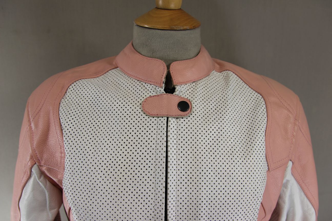 LADIES WHITE & PINK LEATHER BIKER JACKET + CE ARMOUR & THERMAL LINING 38-40 IN/L
