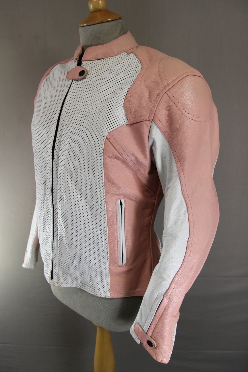 LADIES WHITE & PINK LEATHER BIKER JACKET + CE ARMOUR & THERMAL LINING 38-40 IN/L