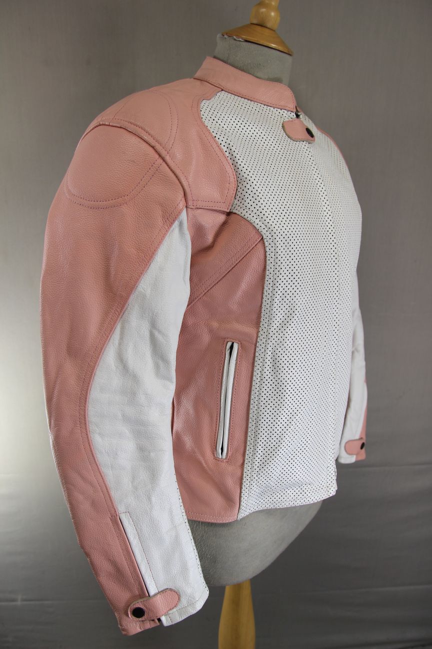 LADIES WHITE & PINK LEATHER BIKER JACKET + CE ARMOUR & THERMAL LINING 38-40 IN/L