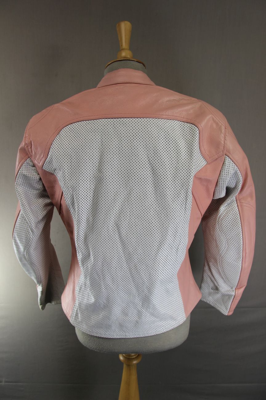 LADIES WHITE & PINK LEATHER BIKER JACKET + CE ARMOUR & THERMAL LINING 38-40 IN/L