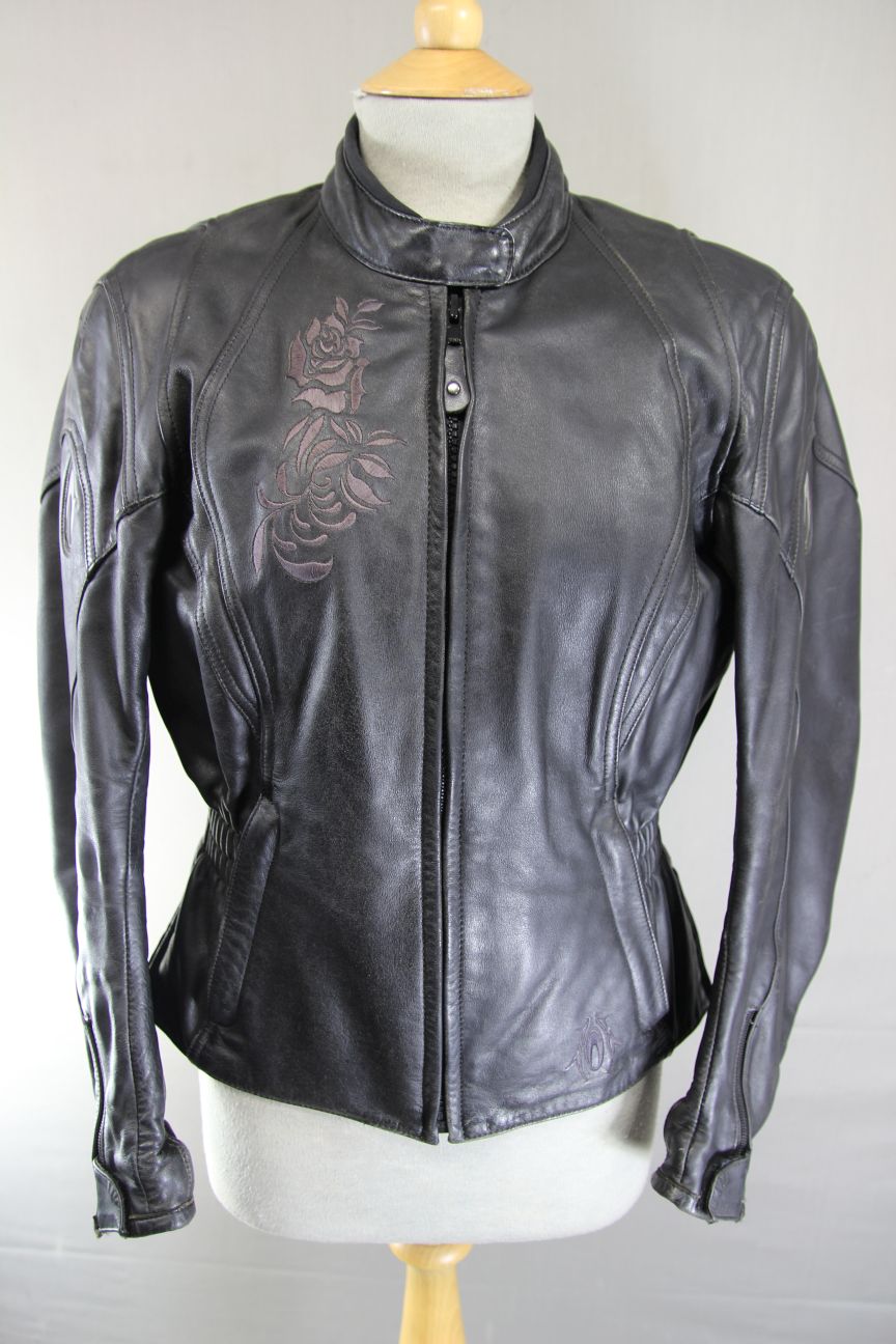 RICHA 'LENA' BLACK LEATHER BIKER JACKET WITH CE ARMOUR & THERMAL LINING: SIZE 12