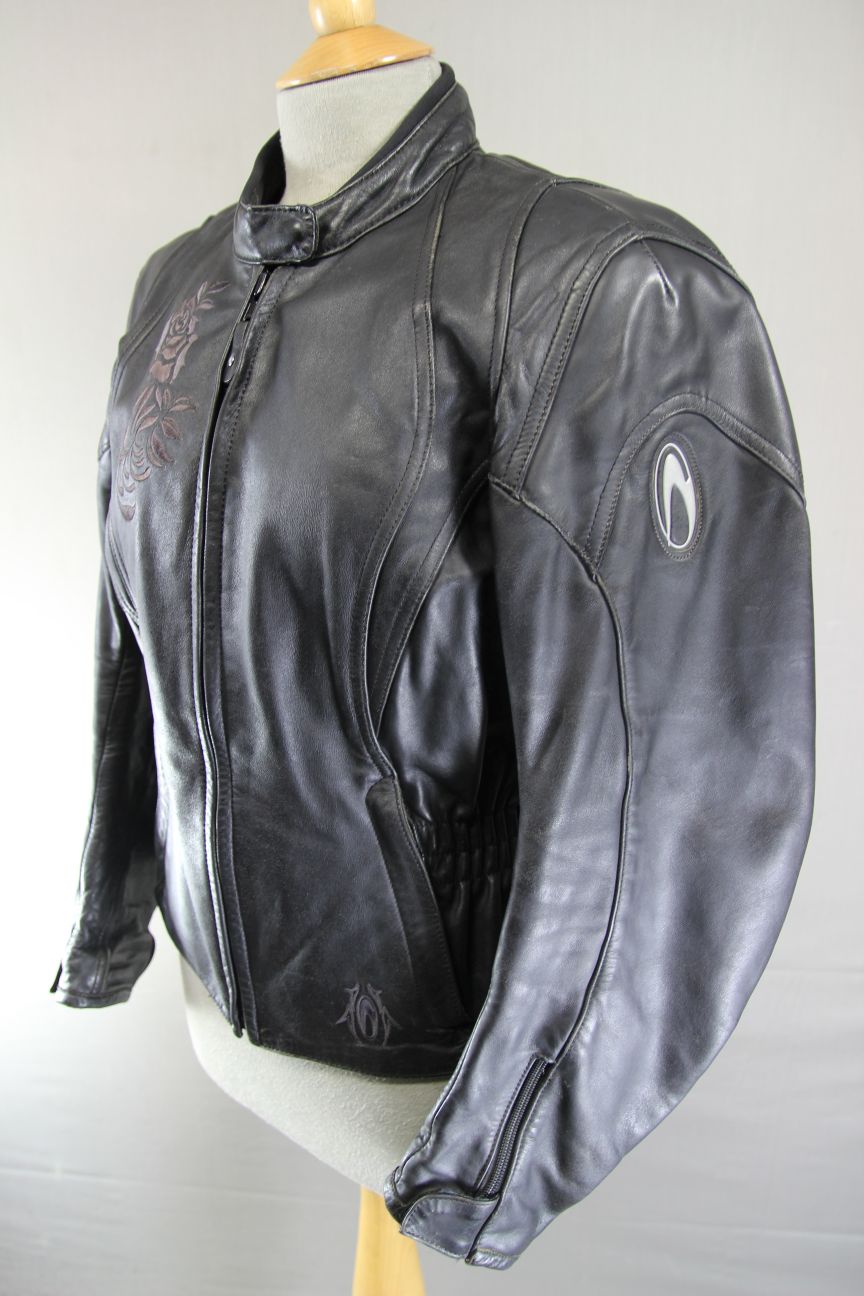 RICHA 'LENA' BLACK LEATHER BIKER JACKET WITH CE ARMOUR & THERMAL LINING: SIZE 12