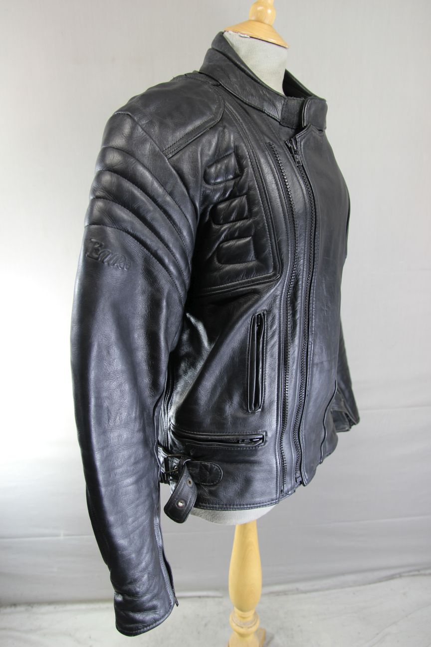 CLASSIC EURO STYLE BLACK LEATHER BIKER JACKET WITH BACK PROTECTOR 40-42 INCH