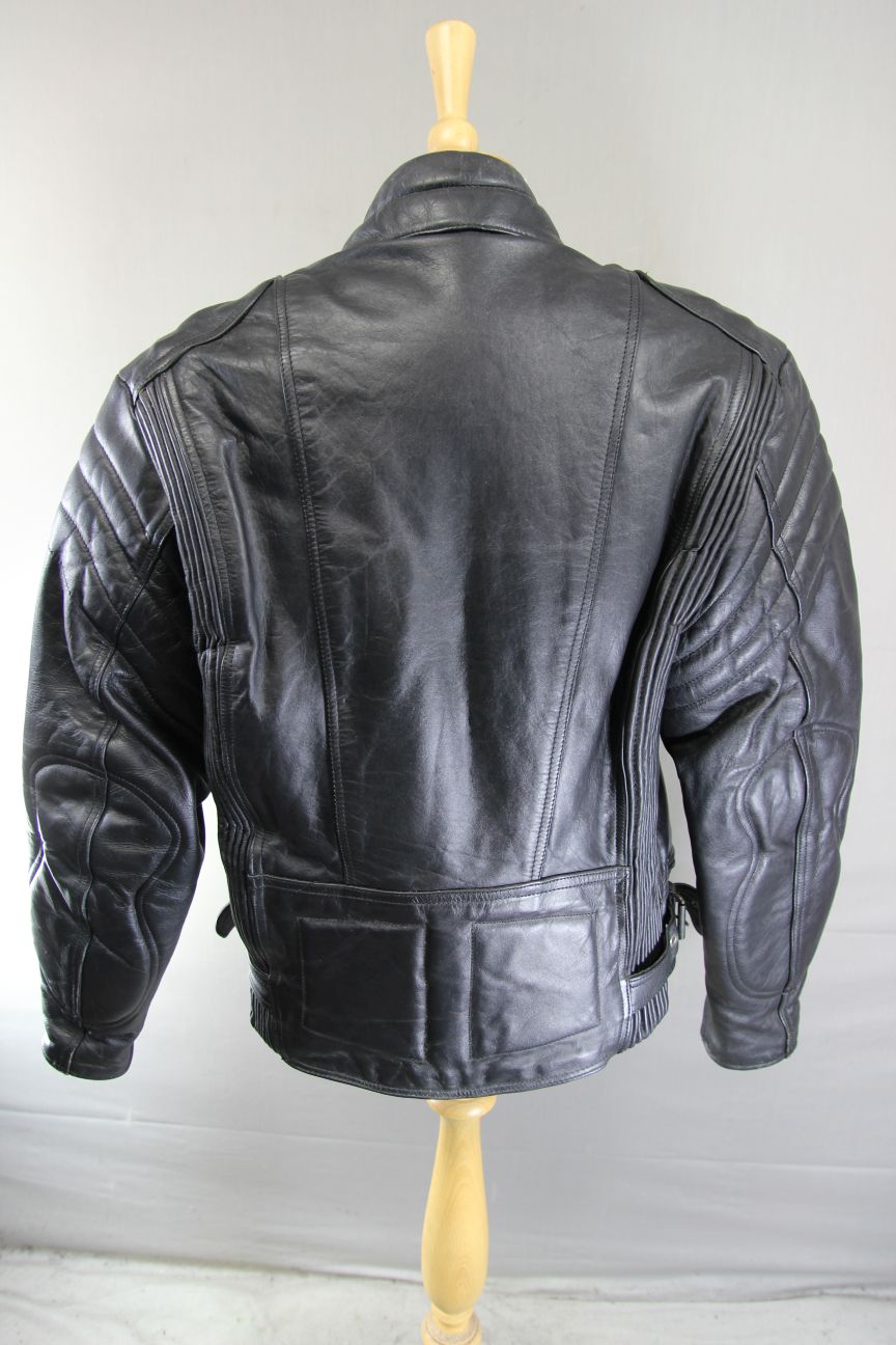 CLASSIC EURO STYLE BLACK LEATHER BIKER JACKET WITH BACK PROTECTOR 40-42 INCH