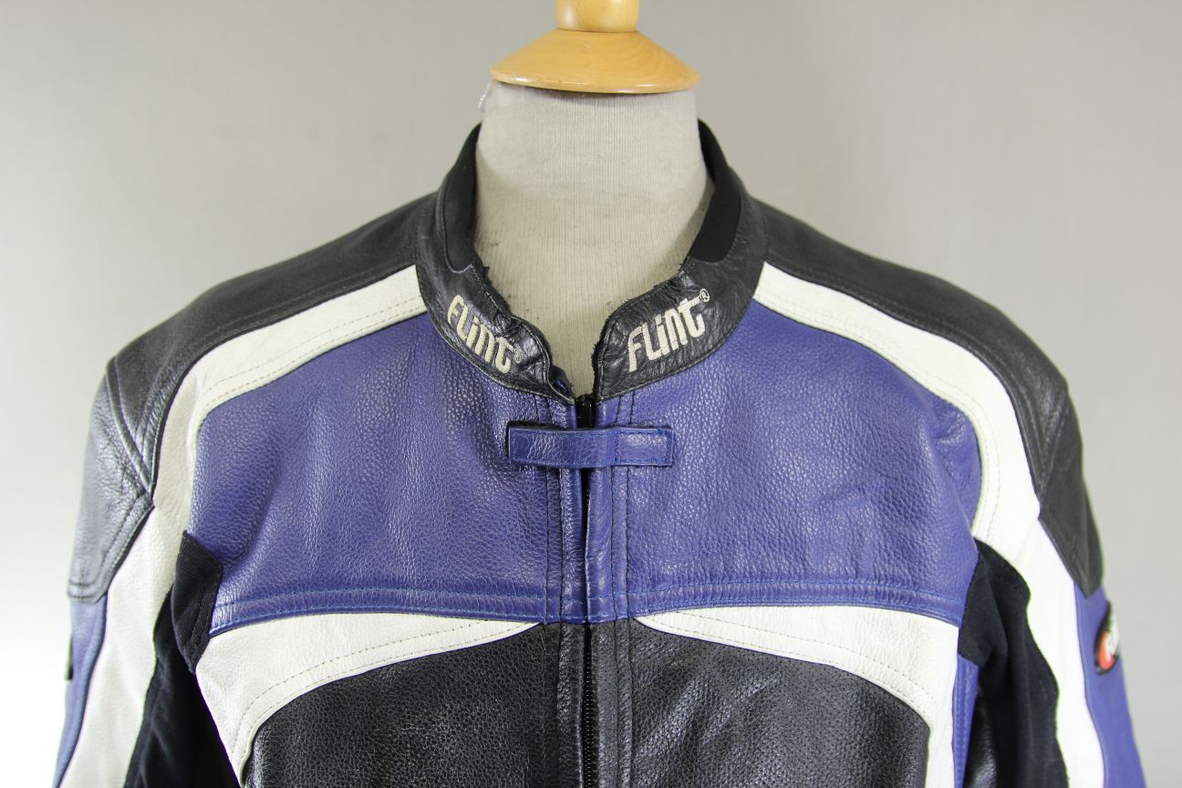 BLACK, BLUE & WHITE FLINT RACING LEATHER BIKER JACKET WITH CE ARMOUR 44 INCH