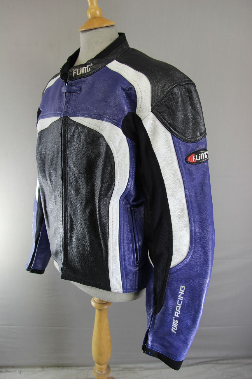 BLACK, BLUE & WHITE FLINT RACING LEATHER BIKER JACKET WITH CE ARMOUR 44 INCH