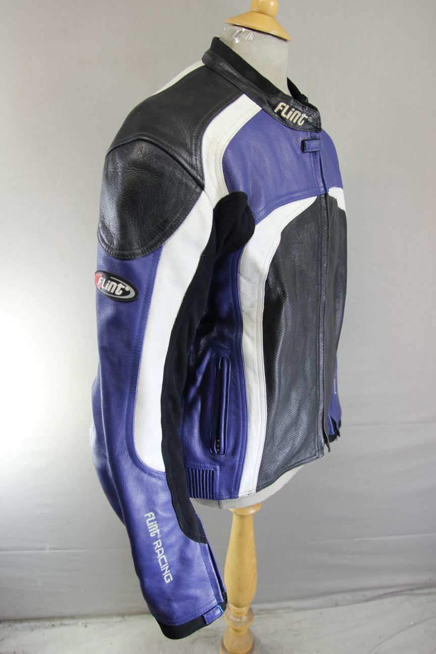 BLACK, BLUE & WHITE FLINT RACING LEATHER BIKER JACKET WITH CE ARMOUR 44 INCH