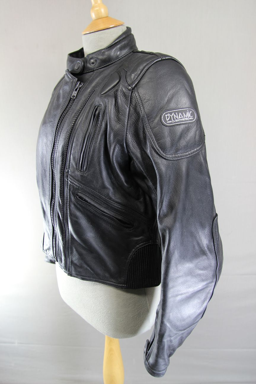 DYNAMIC LEATHERS BLACK BIKER JACKET WITH REMOVABLE ARMASPORT+ CE ARMOUR: SIZE 14