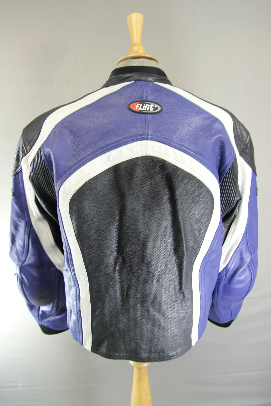 BLACK, BLUE & WHITE FLINT RACING LEATHER BIKER JACKET WITH CE ARMOUR 44 INCH