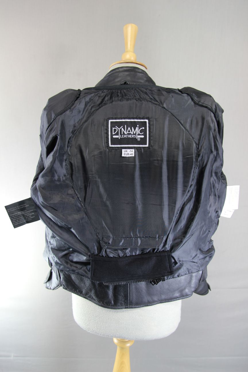 DYNAMIC LEATHERS BLACK BIKER JACKET WITH REMOVABLE ARMASPORT+ CE ARMOUR: SIZE 14