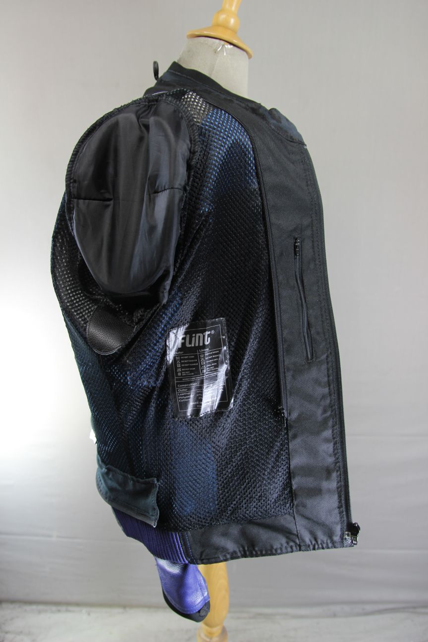 BLACK, BLUE & WHITE FLINT RACING LEATHER BIKER JACKET WITH CE ARMOUR 44 INCH