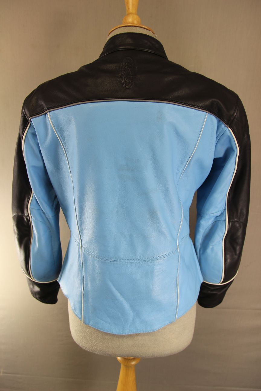 RICHA BLUE & BLACK LEATHER BIKER JACKET + BACK/SHOULDER/ELBOW CE ARMOUR: SIZE 12