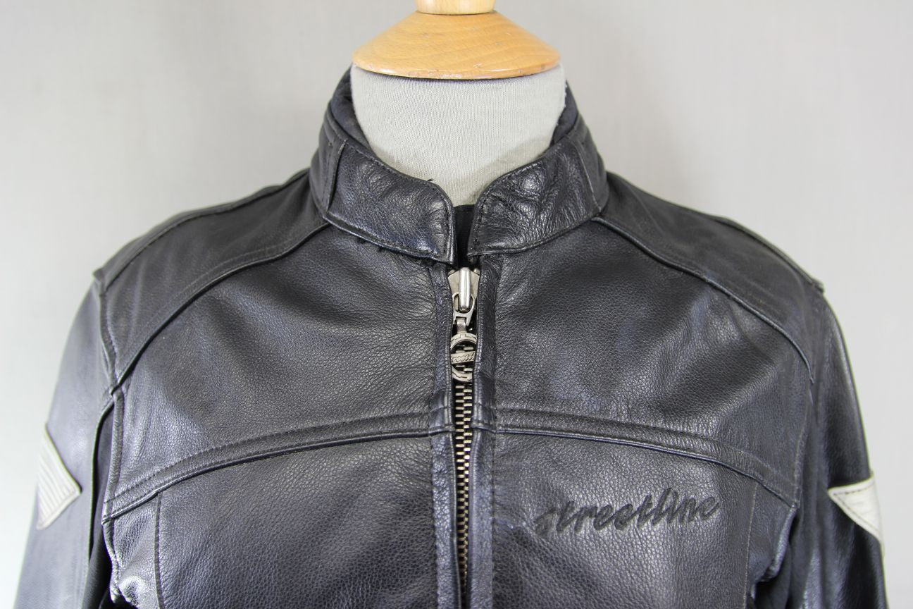 HEIN GERICKE STREETLINE BLACK LEATHER BIKER JACKET WITH CE ARMOUR: SIZE 14