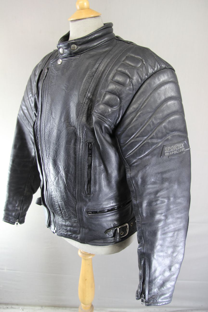 CLASSIC SPORTEX APOLLO BLACK LEATHER BIKER JACKET WITH BACK PROTECTOR 42-44 INCH