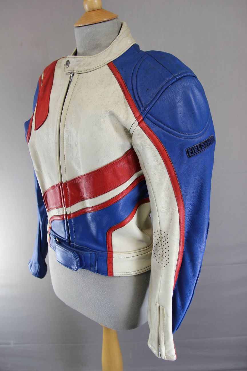 VINTAGE FIELDSHEER BRITISH DESIGNED CREAM, BLUE & RED LEATHER BIKER JCKT 36-38IN