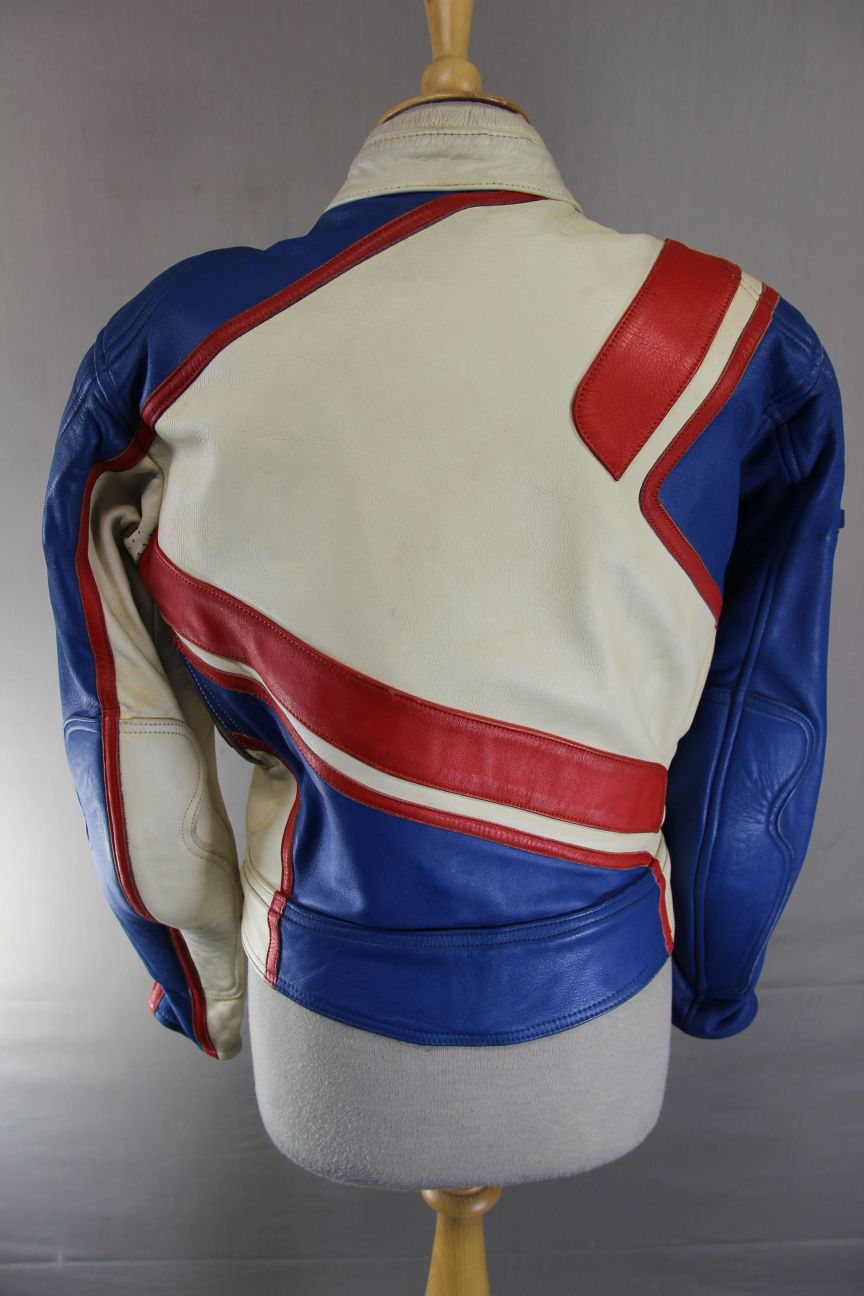 VINTAGE FIELDSHEER BRITISH DESIGNED CREAM, BLUE & RED LEATHER BIKER JCKT 36-38IN