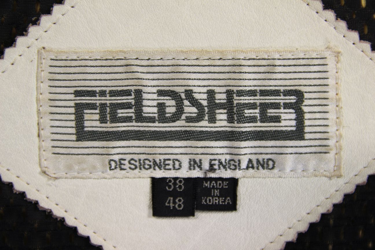 VINTAGE FIELDSHEER BRITISH DESIGNED CREAM, BLUE & RED LEATHER BIKER JCKT 36-38IN