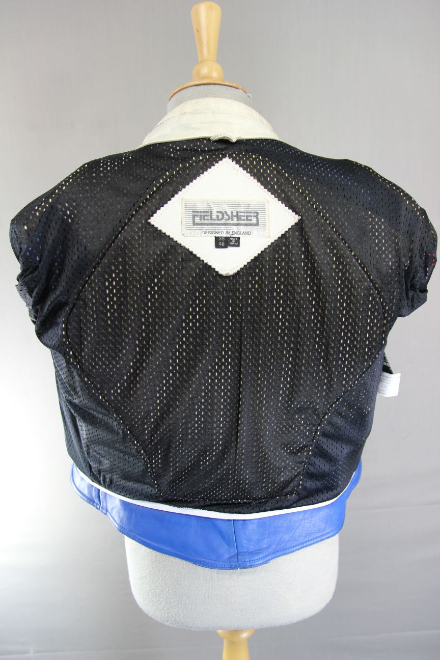 VINTAGE FIELDSHEER BRITISH DESIGNED CREAM, BLUE & RED LEATHER BIKER JCKT 36-38IN