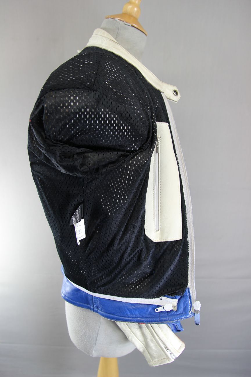 VINTAGE FIELDSHEER BRITISH DESIGNED CREAM, BLUE & RED LEATHER BIKER JCKT 36-38IN