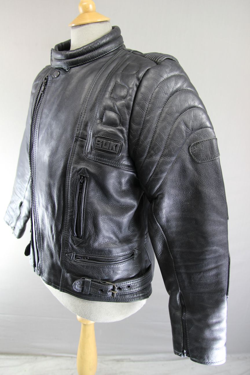 SUKI MERCURY SPORTS BLACK LEATHER BIKER JACKET + REMOVABLE BACK PROTECTOR 40-42"
