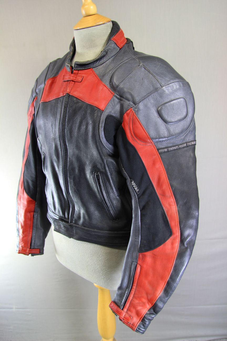 FRANK THOMAS BLACK, SILVER & RED LEATHER BIKER JACKET WITH BACK PROTECTOR 40 IN