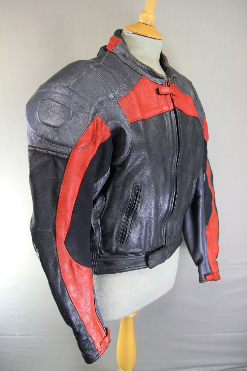 FRANK THOMAS BLACK, SILVER & RED LEATHER BIKER JACKET WITH BACK PROTECTOR 40 IN
