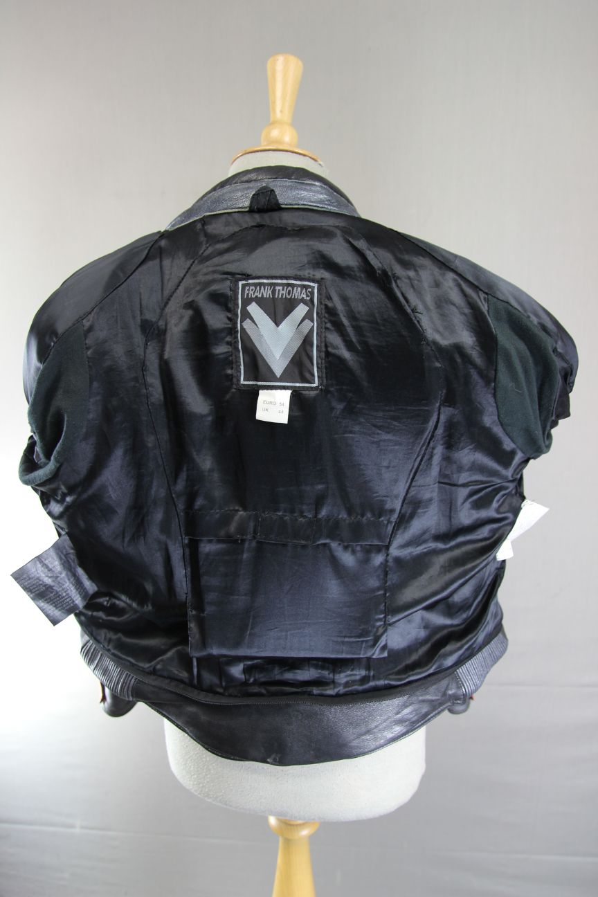 FRANK THOMAS BLACK, SILVER & RED LEATHER BIKER JACKET WITH BACK PROTECTOR 40 IN