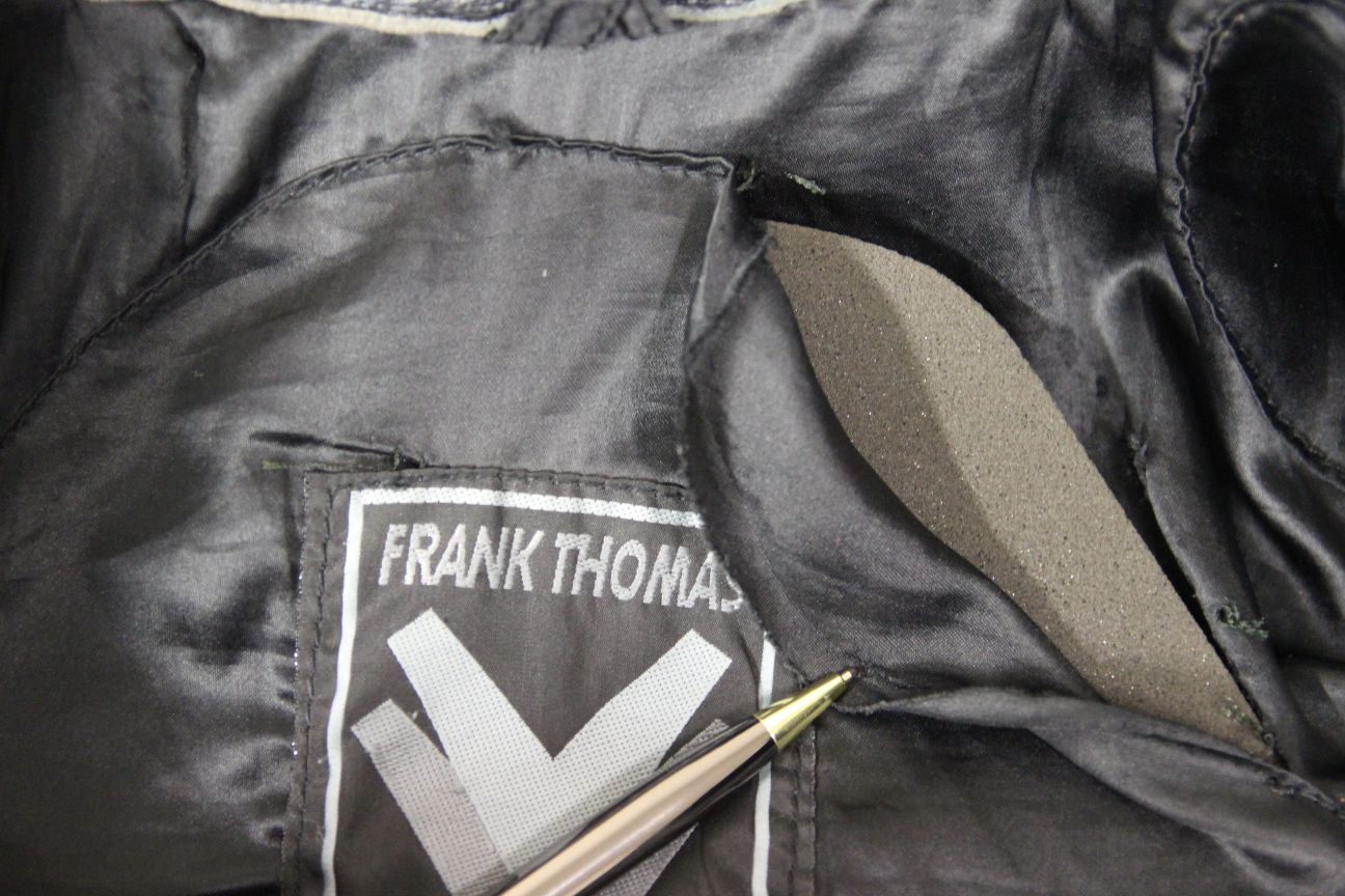FRANK THOMAS BLACK, SILVER & RED LEATHER BIKER JACKET WITH BACK PROTECTOR 40 IN