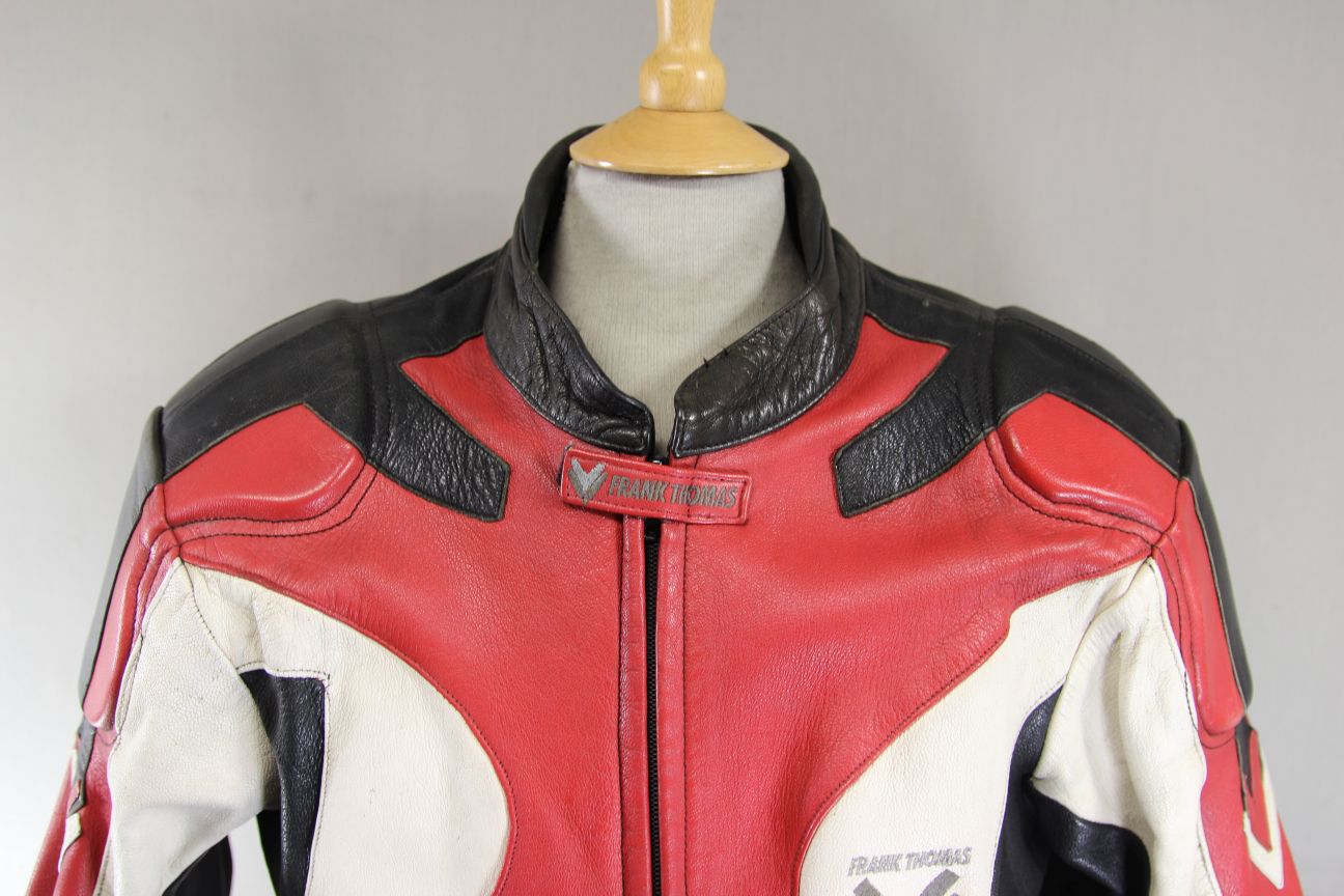 FRANK THOMAS RED, BLACK & WHITE LEATHER BIKER JACKET WITH PROTECTORS 44-46 INCH