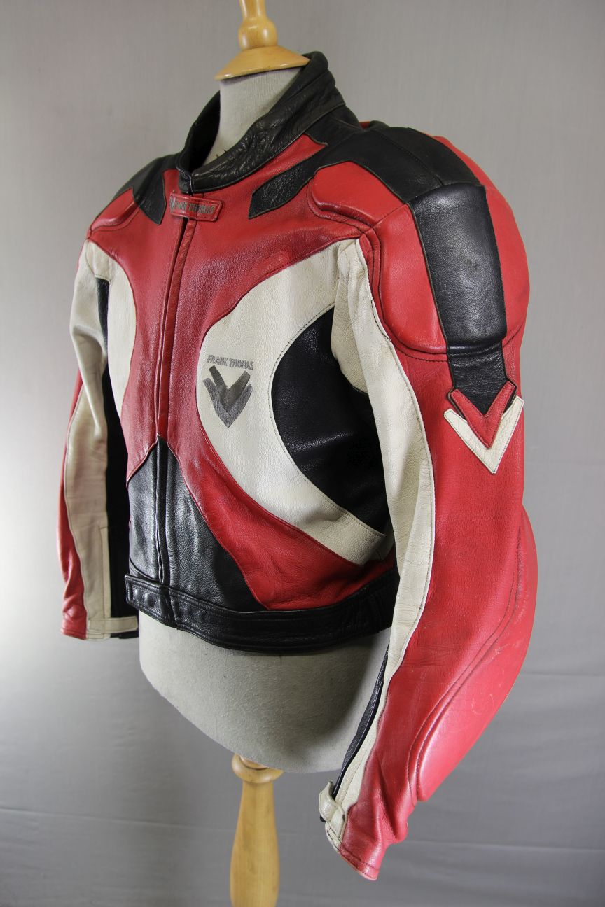 FRANK THOMAS RED, BLACK & WHITE LEATHER BIKER JACKET WITH PROTECTORS 44-46 INCH