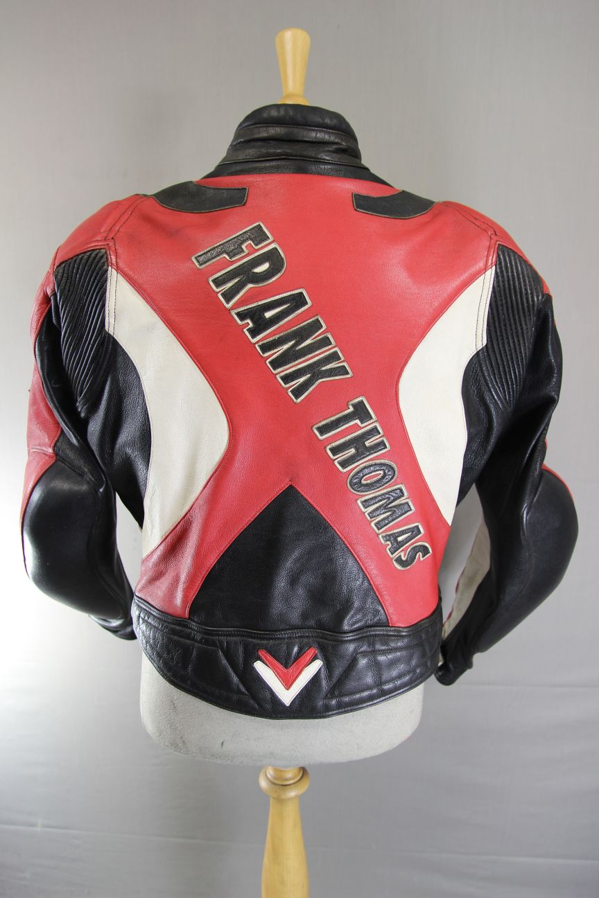 FRANK THOMAS RED, BLACK & WHITE LEATHER BIKER JACKET WITH PROTECTORS 44-46 INCH